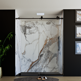 60" x 76" Frameless Shower Door with Black - Solid Surface Shower Base Tray - Shower Kit with covered drain - and 5pc Shower Wall System