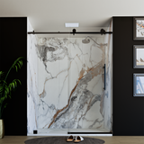 60" x 76" Frameless Shower Door with Black - Solid Surface Shower Base Tray - Shower Kit with covered drain - and 5pc Shower Wall System