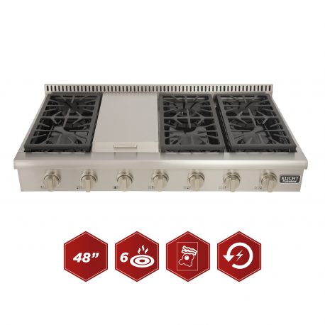 KUCHT Professional 48 in. Natural Gas Range-Top with Sealed Burners and Griddle in Stainless Steel with Classic Silver Knobs