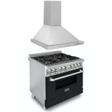 ZLINE 36 in. Kitchen Package with Stainless Steel Dual Fuel Range with Black Matte Door and Convertible Vent Range Hood (2KP-RABLMRH36)