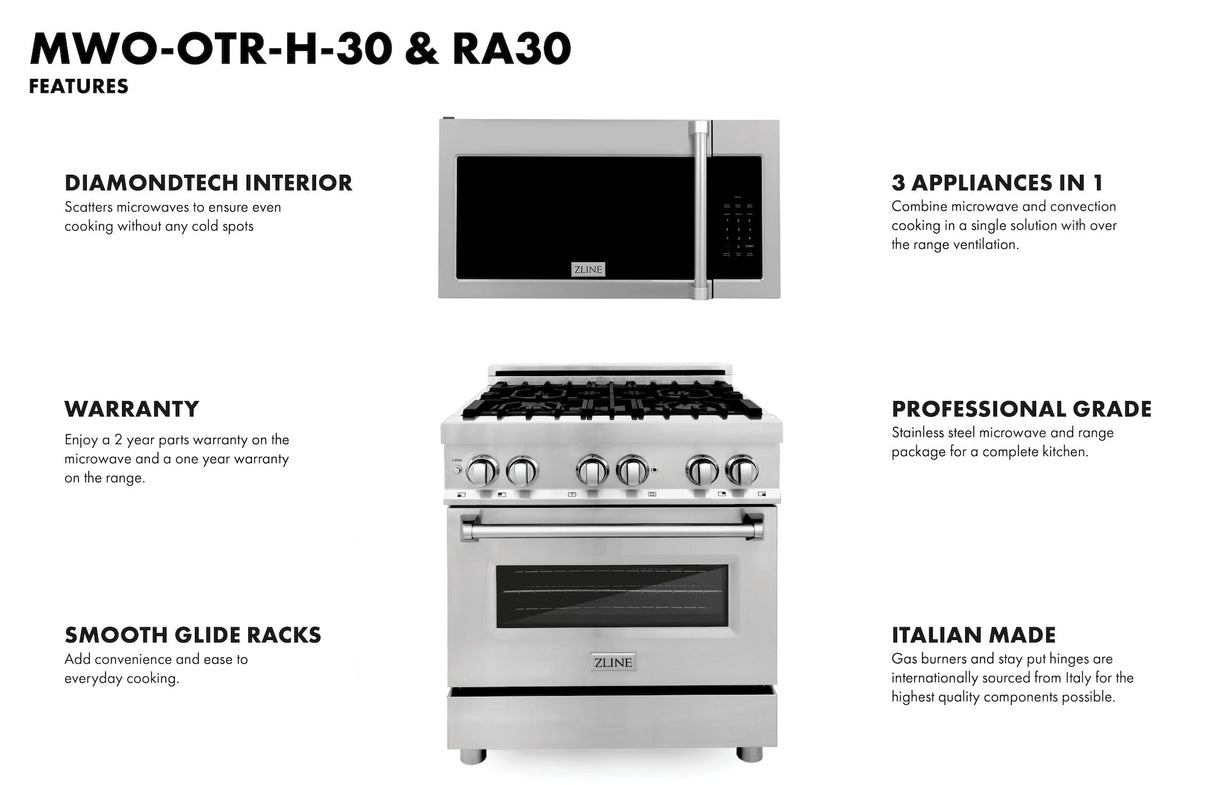 ZLINE 30 in. Kitchen Package Stainless Steel Dual Fuel Range and Over The Range Microwave with Traditional Handle (2KP-RAOTRH30)