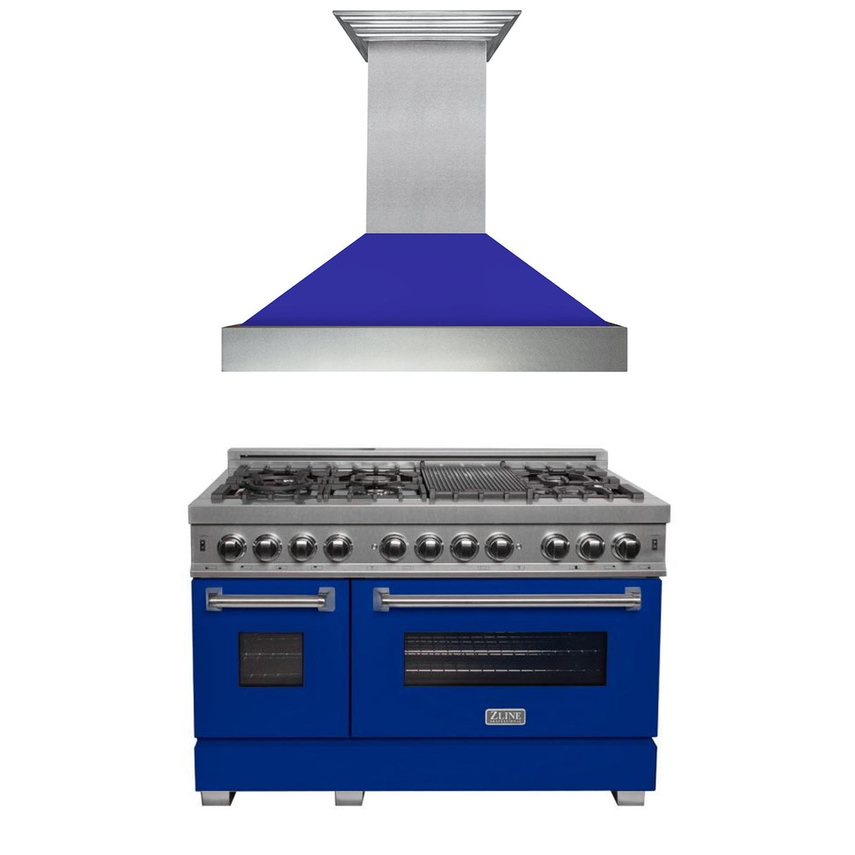 ZLINE 48 in. Kitchen Package with Satin Stainless Steel Dual Fuel Range with Blue Matte Door and Convertible Vent Range Hood
