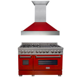 ZLINE 48 in. Kitchen Package with Satin Stainless Steel Dual Fuel Range with Red Gloss Door and Convertible Vent Range Hood