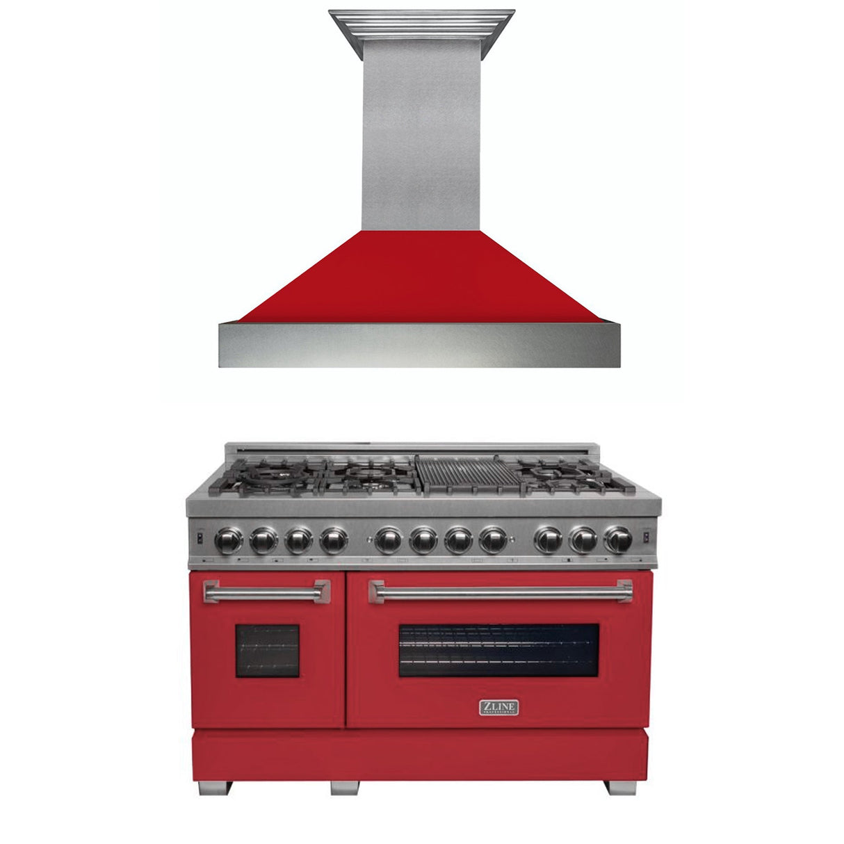 ZLINE 48 in. Kitchen Package with Satin Stainless Steel Dual Fuel Range with Red Matte Door and Convertible Vent Range Hood