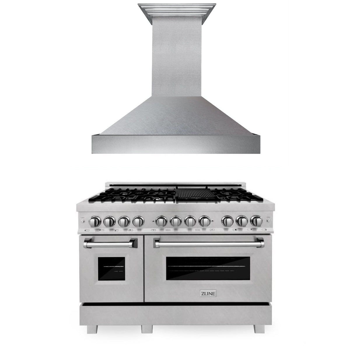 ZLINE 48 in. Kitchen Package with Satin Stainless Steel Dual Fuel Range and Convertible Vent Range Hood