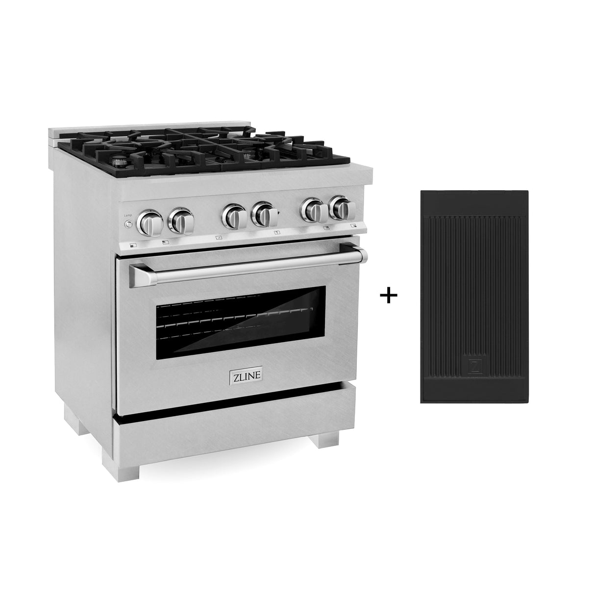 ZLINE 30 in. 4.0 cu. ft. Legacy Dual Fuel Range with 4 Burner Gas Cooktop and Electric Convection Oven in Satin Stainless Steel with Griddle (RAS-SN-GR-30)