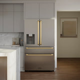 ZLINE Autograph Edition 36 in. 21.6 cu. ft. Counter-Depth French Door Refrigerator with Water and Ice Dispenser in Fingerprint-Resistant Stainless Steel with Polished Gold Traditional Handles (RFMZ-W-36-G)