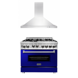 ZLINE 36 in. Kitchen Package with Stainless Steel Gas Range with Blue Gloss Door and Convertible Vent Range Hood (2KP-RGBGRH36)