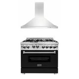 ZLINE 36 in. Kitchen Package with Stainless Steel Gas Range with Black Matte Door and Convertible Vent Range Hood (2KP-RGBLMRH36)