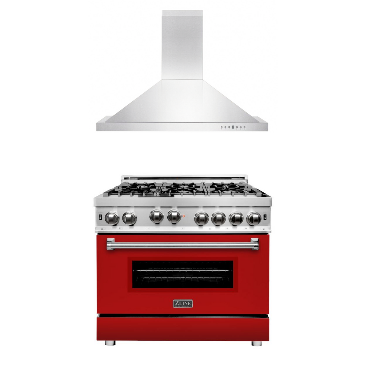 ZLINE 36 in. Kitchen Package with Stainless Steel Gas Range with Red Matte Door and Convertible Vent Range Hood (2KP-RGRMRH36)