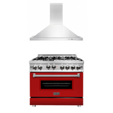 ZLINE 36 in. Kitchen Package with Stainless Steel Gas Range with Red Matte Door and Convertible Vent Range Hood (2KP-RGRMRH36)