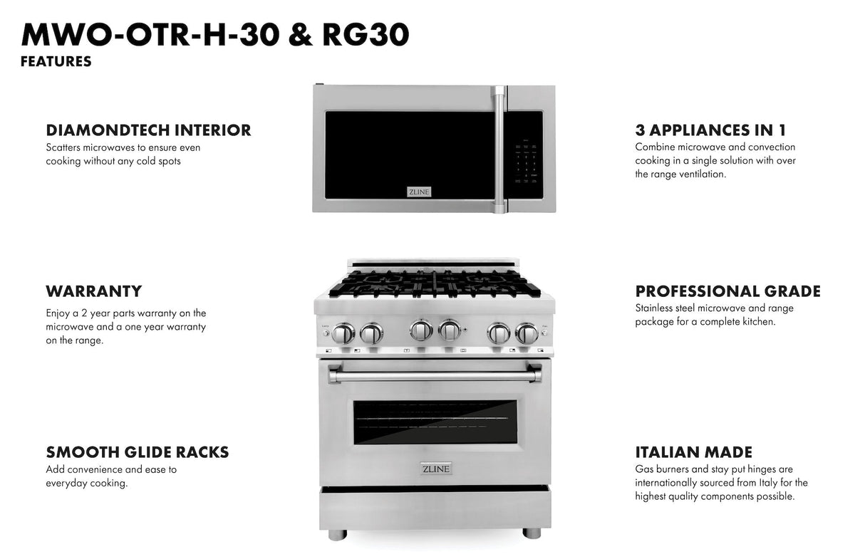 ZLINE 30 in. Kitchen Package Stainless Steel Gas Range and Over The Range Microwave with Traditional Handle (2KP-RGOTRH30)