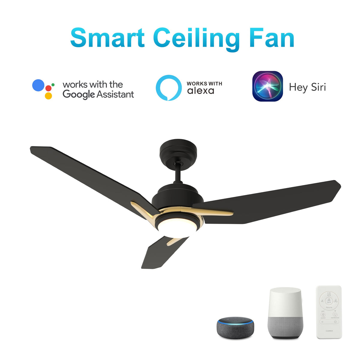CALEN 48 In 3 Blade Smart Ceiling Fan With Integrated LED Lights With Google Home