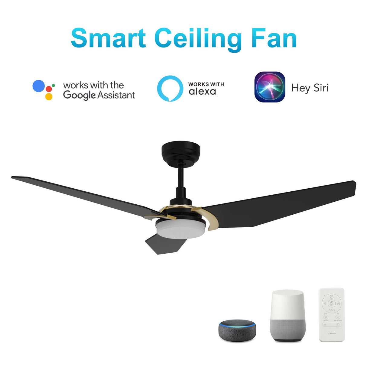 KAJ 52 In 3 Blade Smart Ceiling Fan With Integrated LED Lights With Google Home