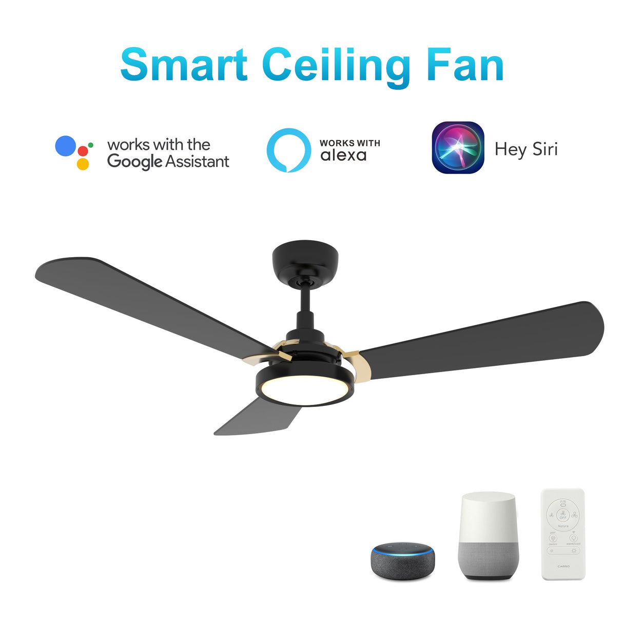 BRISA 52 In 3 Blade Smart Ceiling Fan With Integrated LED Lights With Google Home