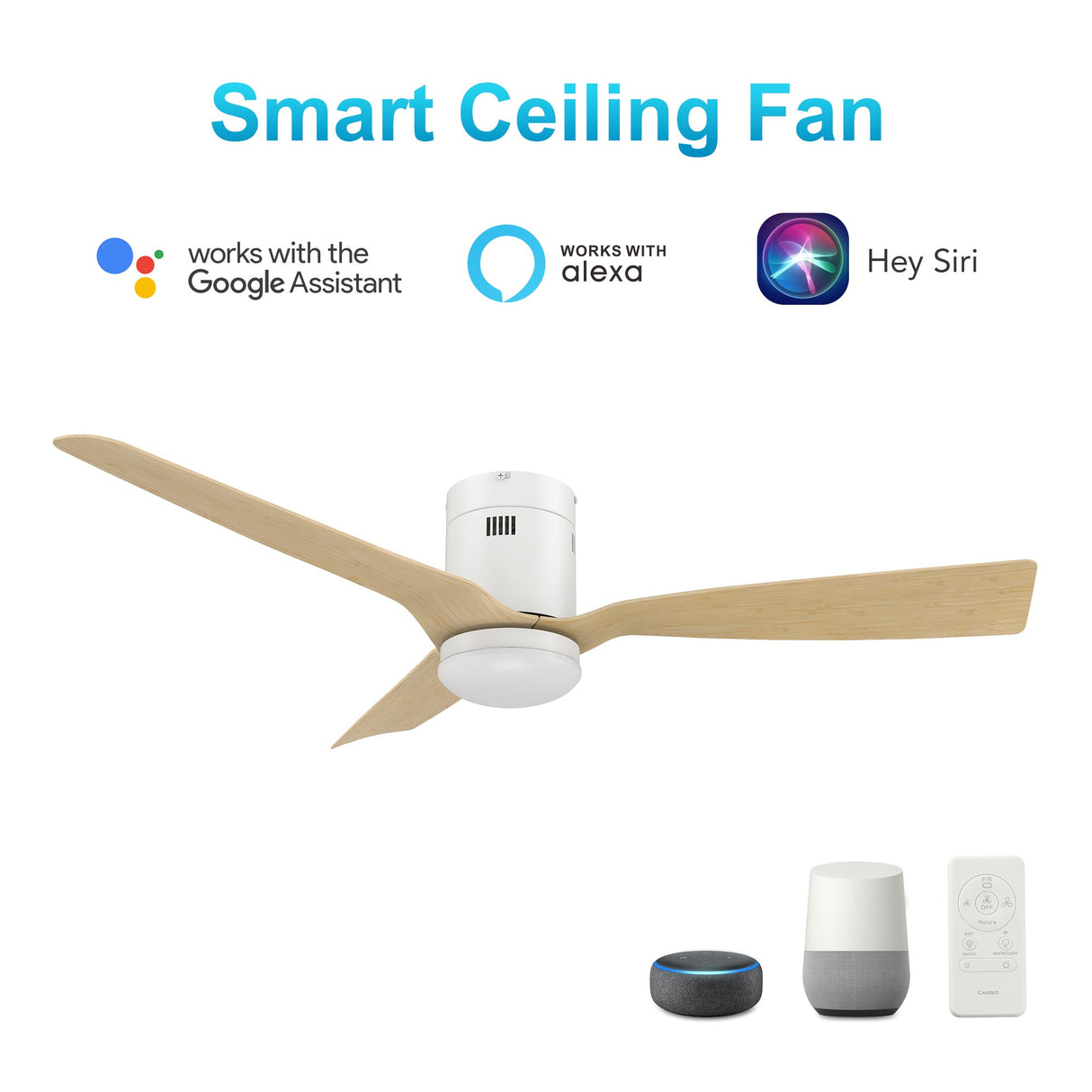 Spezia 52 Inch 3 Blade Flush Mount Smart Ceiling Fan With Led Light Kit Remote White Bamboo Wood