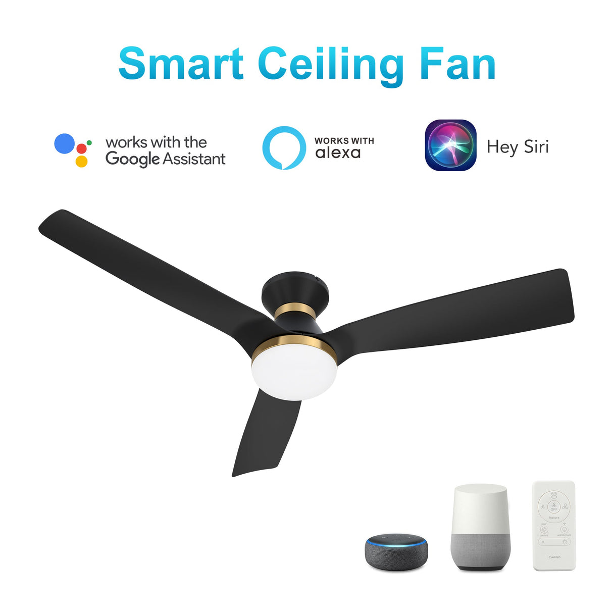 Spezia 52 Inch 3 Blade Flush Mount Smart Ceiling Fan With Led Light Kit Remote Black Black Gold Detail