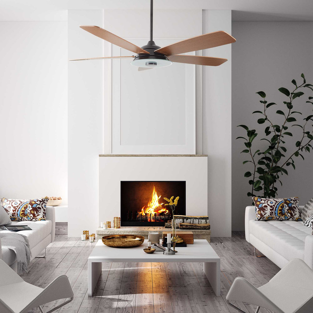 Journey 52 Inch 5 Blade Smart Ceiling Fan With Led Light Kit Remote Black Fine Wood Grain
