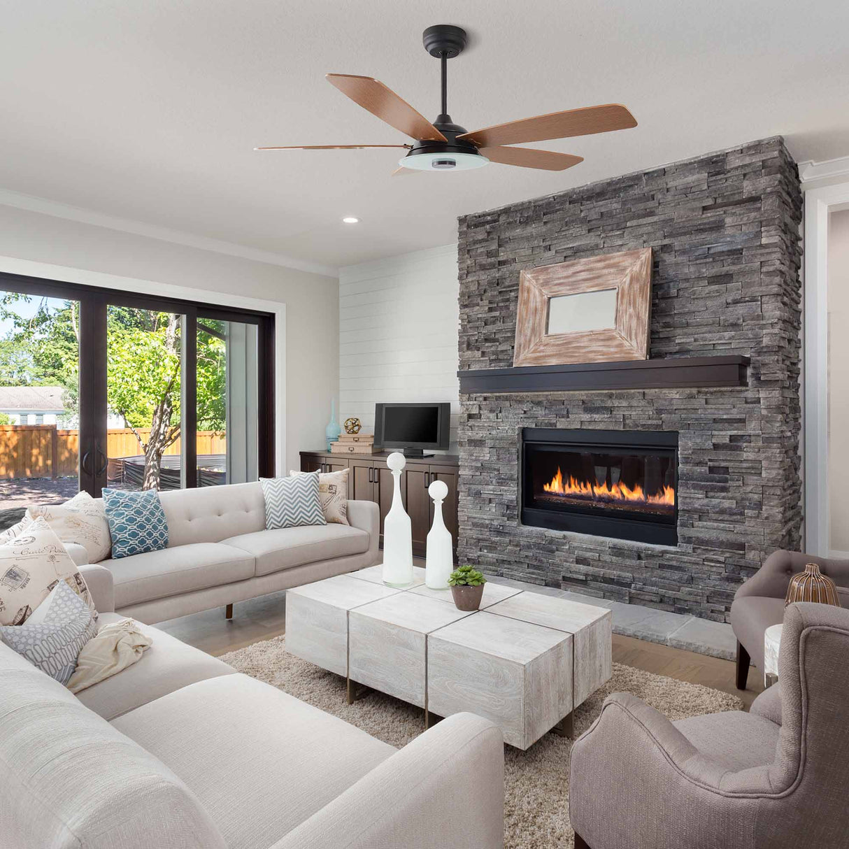 Journey 52 Inch 5 Blade Smart Ceiling Fan With Led Light Kit Remote Black Fine Wood Grain
