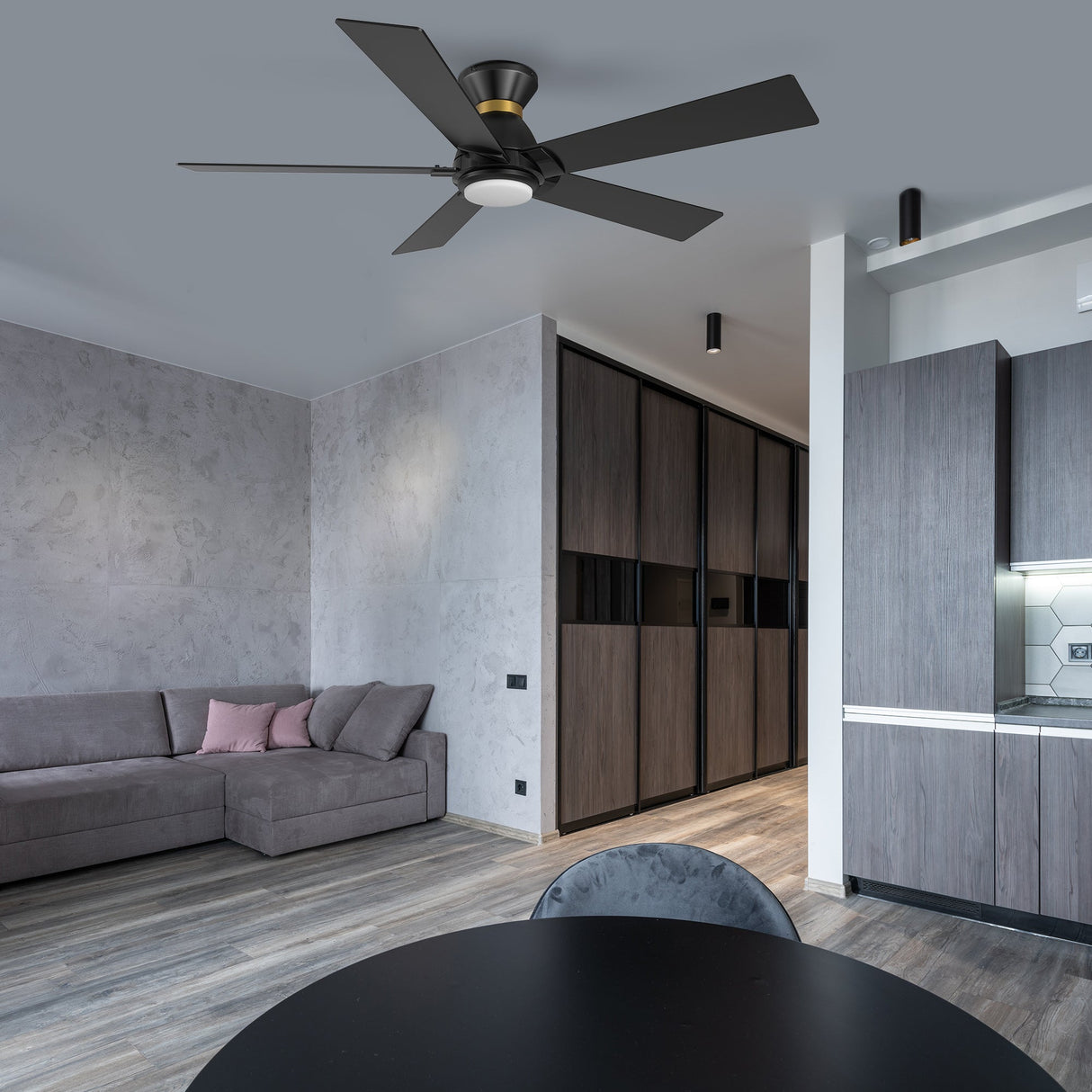 Ascender 52 Inch 5 Blade Flush Mount Smart Ceiling Fan With Led Light Remote Control Black Black Gold Rim