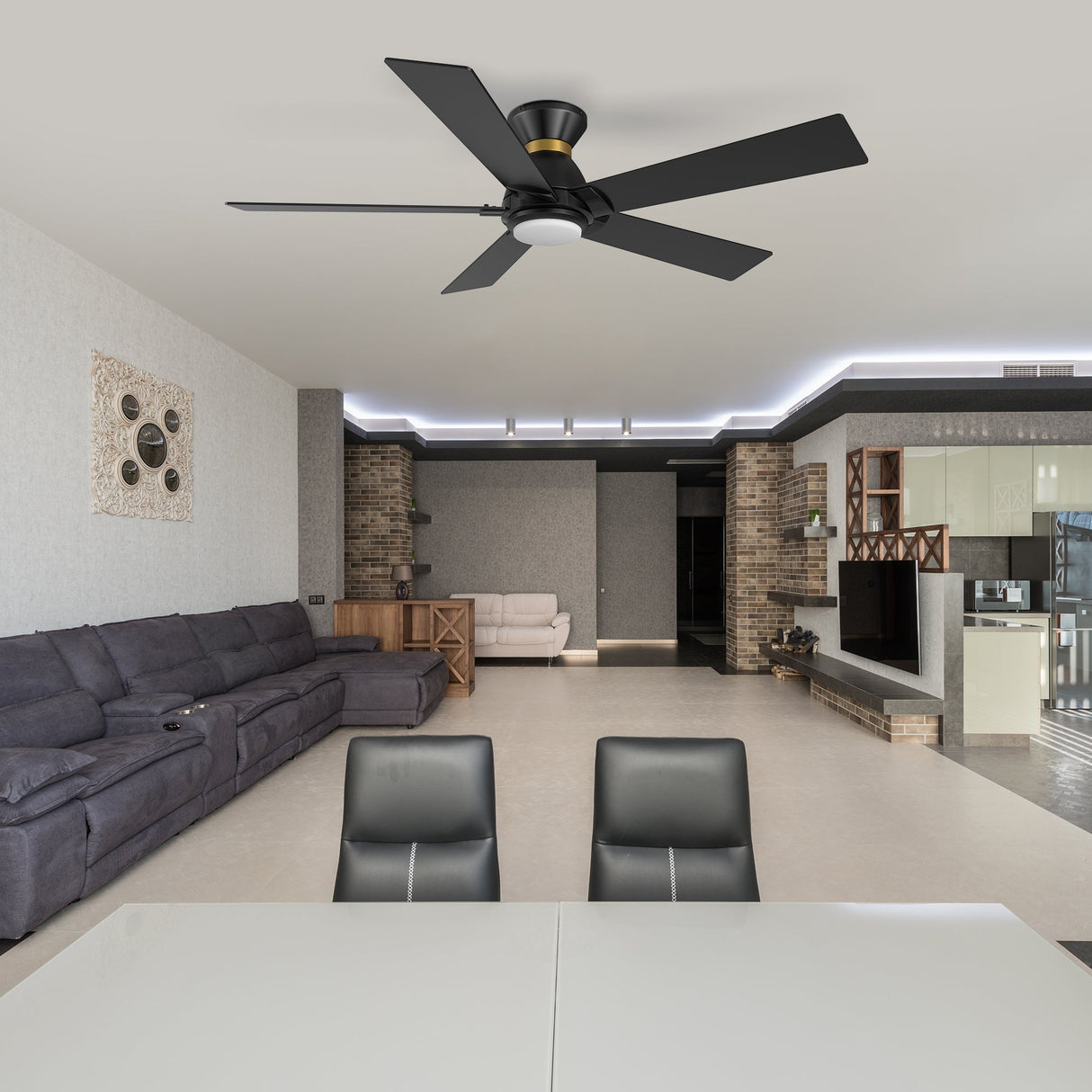 Ascender 52 Inch 5 Blade Flush Mount Smart Ceiling Fan With Led Light Remote Control Black Black Gold Rim