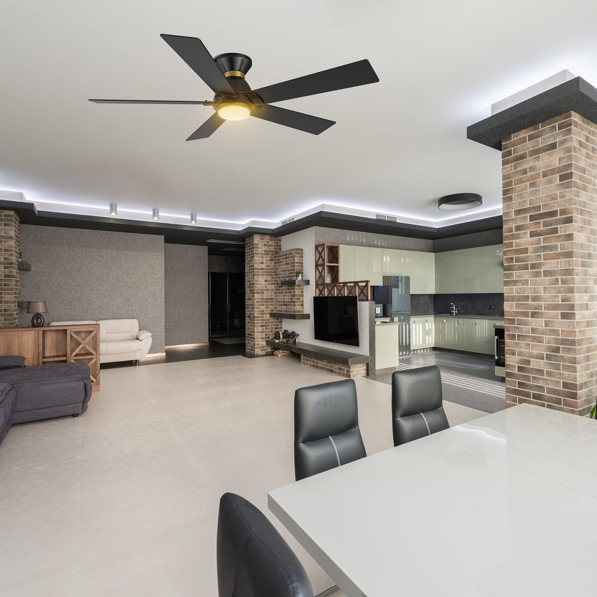 Ascender 52 Inch 5 Blade Flush Mount Smart Ceiling Fan With Led Light Remote Control Black Black Gold Rim