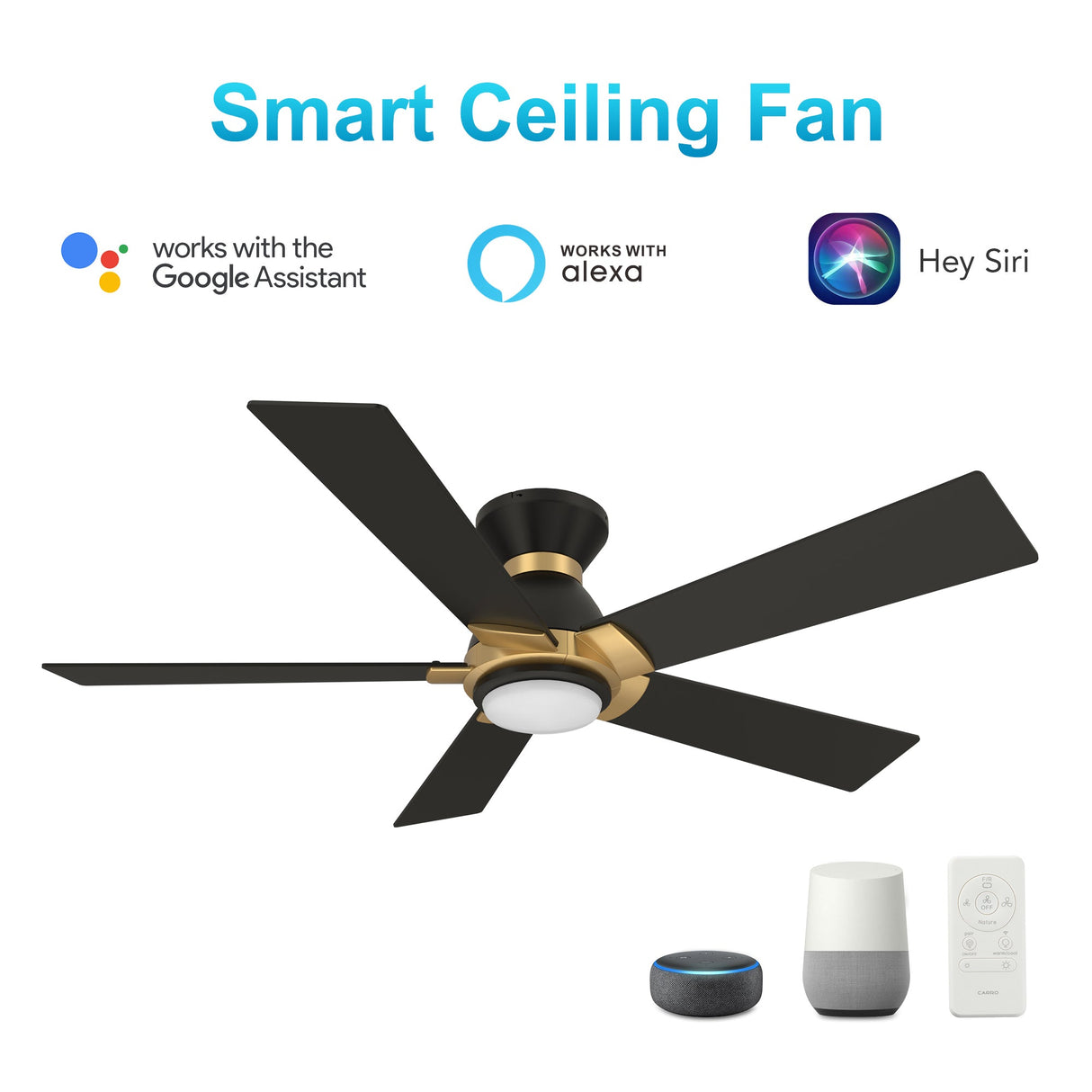 Ascender 52 Inch 5 Blade Flush Mount Smart Ceiling Fan With Led Light Remote Control Black Black Gold Rim