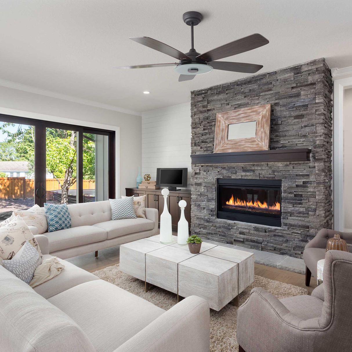 Journey 56 Inch 5 Blade Smart Ceiling Fan With Led Light Kit Remote Black Dark Wood Grain