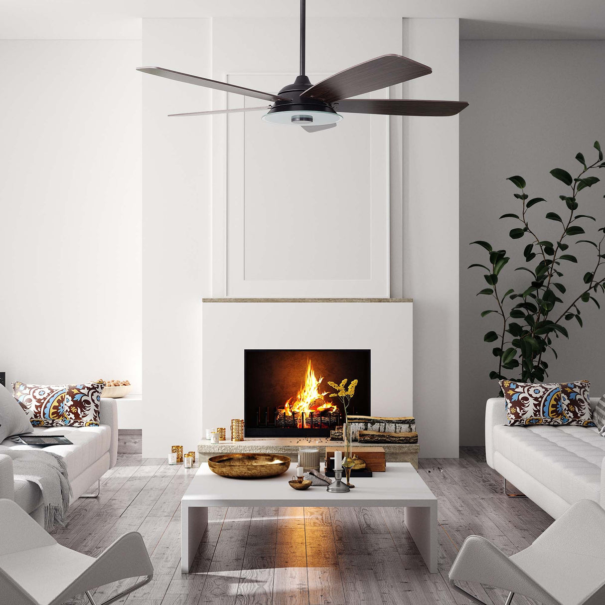 Journey 56 Inch 5 Blade Smart Ceiling Fan With Led Light Kit Remote Black Dark Wood Grain
