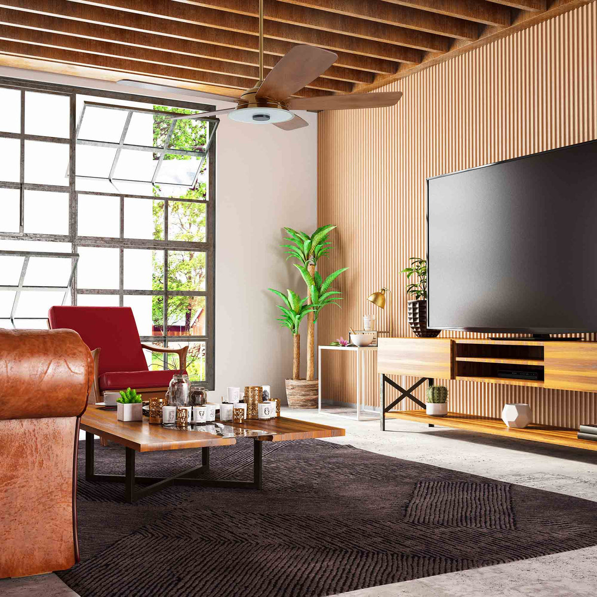 Journey 56 Inch 5 Blade Smart Ceiling Fan With Led Light Kit Remote Gold Wood Pattern