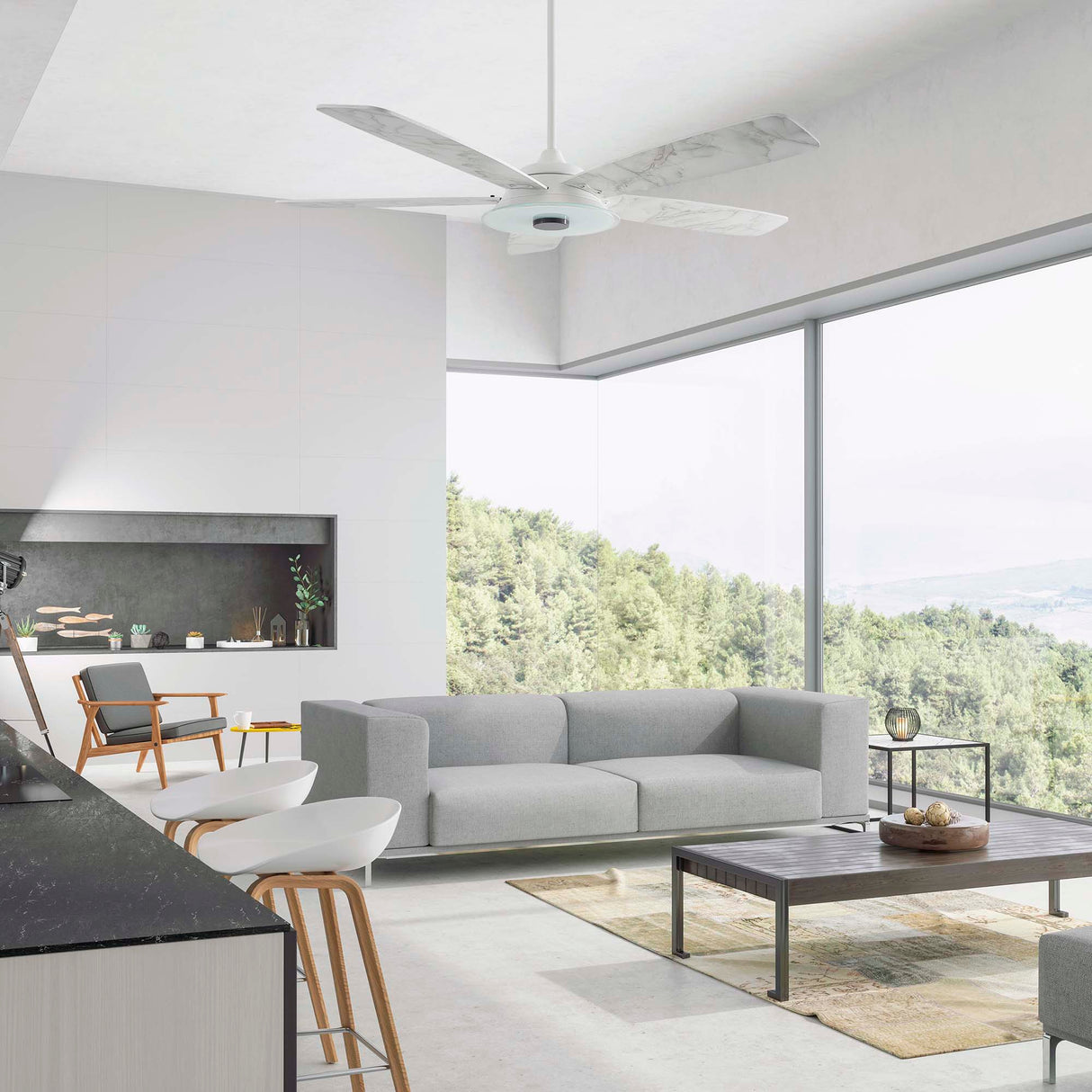 Journey 56 Inch 5 Blade Smart Ceiling Fan With Led Light Kit Remote White Marble Pattern