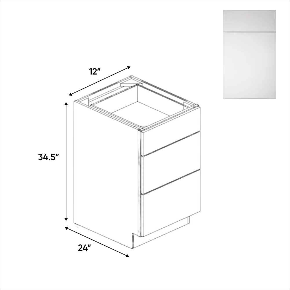 RTA - Sonoma White - Three Drawer Base Cabinets - 12"W x 34.5"H x 24"D