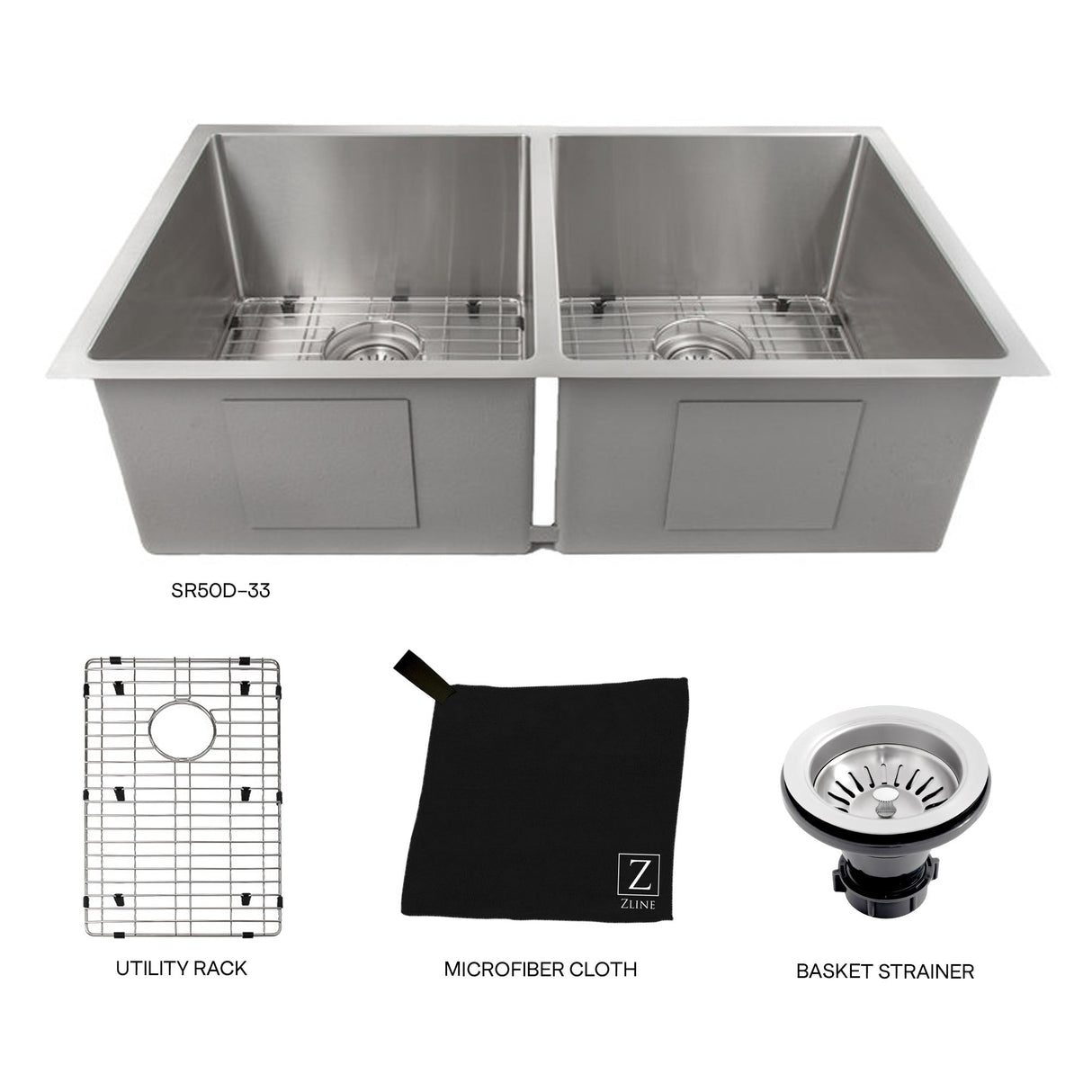 ZLINE 33 in. Anton Undermount Double Bowl Stainless Steel Kitchen Sink with Bottom Grid (SR50D-33)