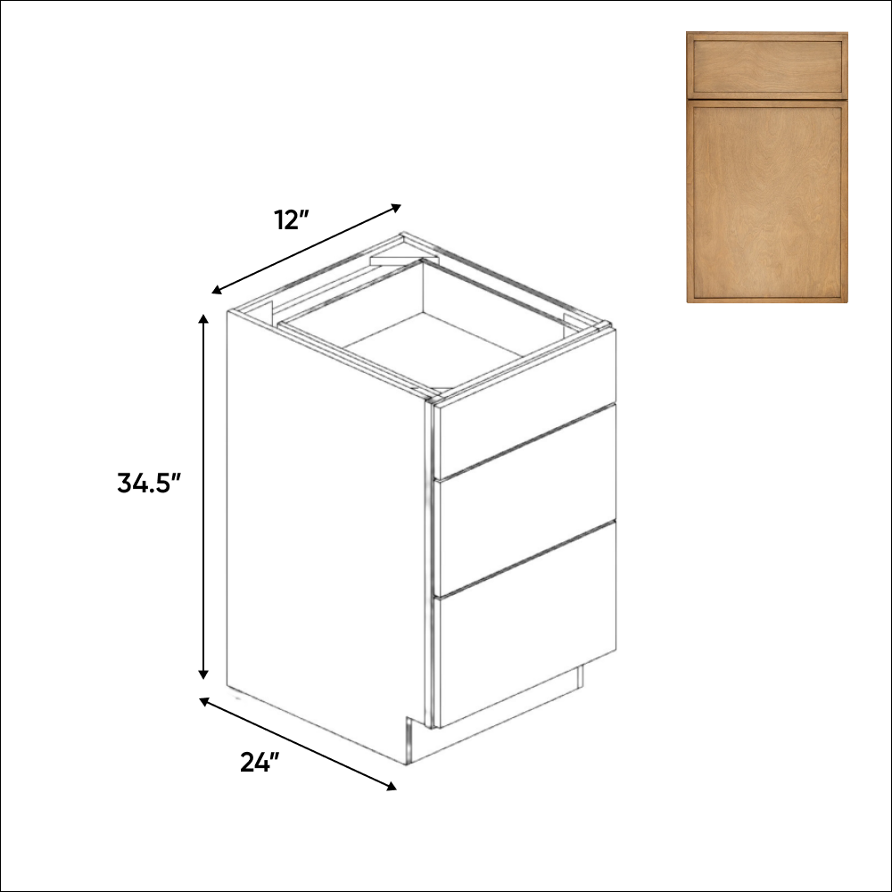 Slim Shaker Karamel - Three Drawer Base Cabinets - 12"W x 34.5"H x 24"D - Pre Assembled