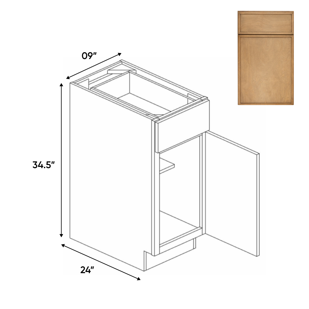 Slim Shaker Karamel - Full Height Single Door Base Cabinets - 9"W x 34.5"H x 24"D - Pre Assembled