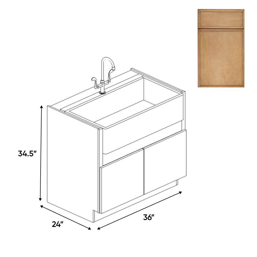 RTA - Slim Shaker Karamel - Farm Sink Base Cabinet - 36"W x 34.5"H x 24"D (Trimmable face to be cut in field)