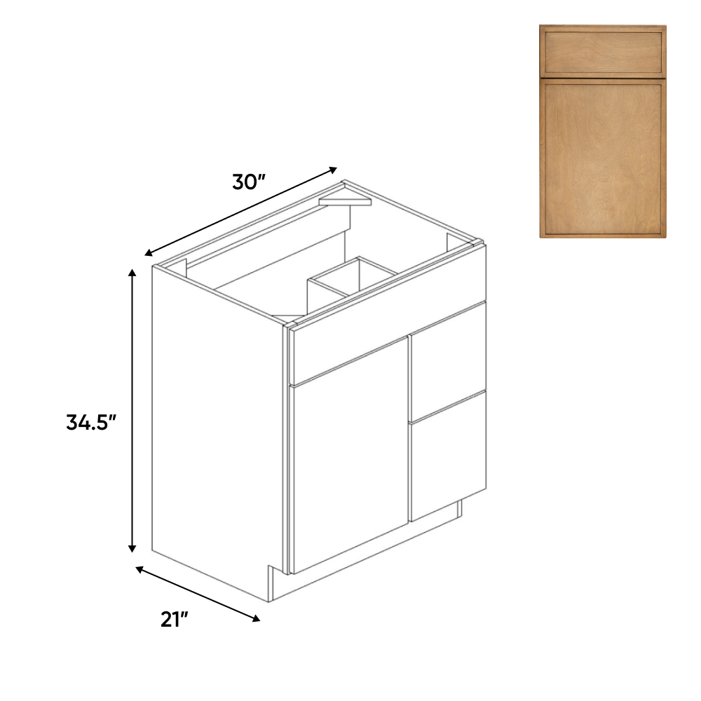 RTA - Slim Shaker Karamel - Vanity Sink Drawer Base Cabinets - 30"W x 34.5"H x 21"D - SSK-VSD30L