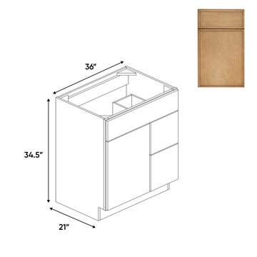 Slim Shaker Karamel - Vanity Sink Drawer Base Cabinets - 36"W x 34.5"H x 21"D - SSK-VSD36L - Pre Assembled