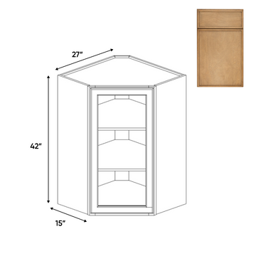 Slim Shaker Karamel - Diagonal Corner Glass Door Wall Cabinets - 27"W x 42"H x 15"D - Pre Assembled