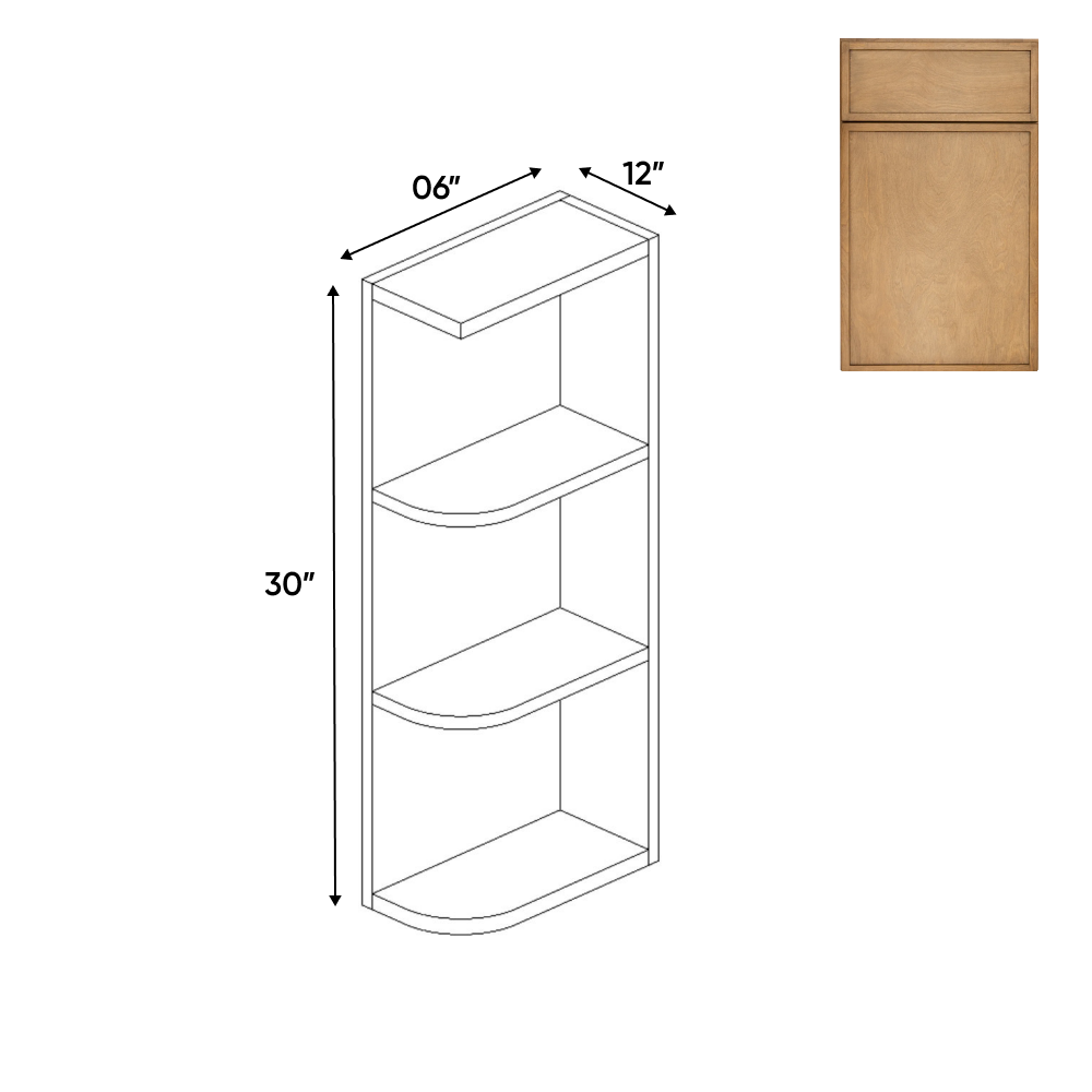 RTA - Slim Shaker Karamel - Wall Open Shelf Cabinets - 6"W x 30"H x 12"D