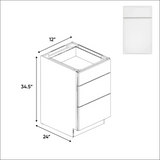 Slim Shaker Oatmeal - Three Drawer Base Cabinets - 12"W x 34.5"H x 24"D - Pre Assembled