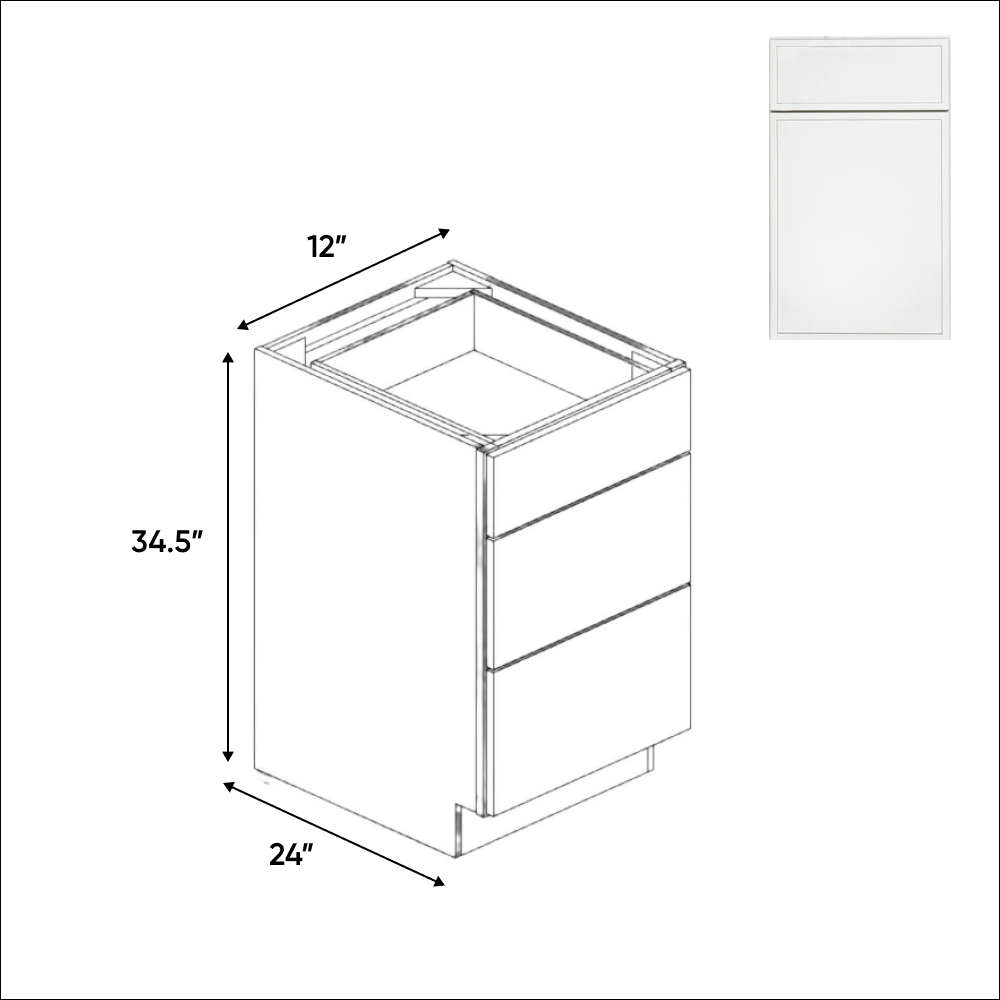 RTA - Slim Shaker Oatmeal - Three Drawer Base Cabinets - 12"W x 34.5"H x 24"D