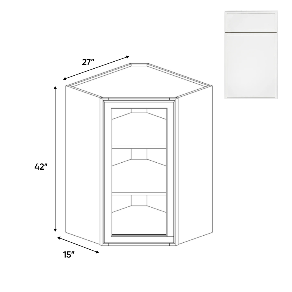 Slim Shaker Oatmeal - Diagonal Corner Glass Door Wall Cabinets - 27"W x 42"H x 15"D - Pre Assembled