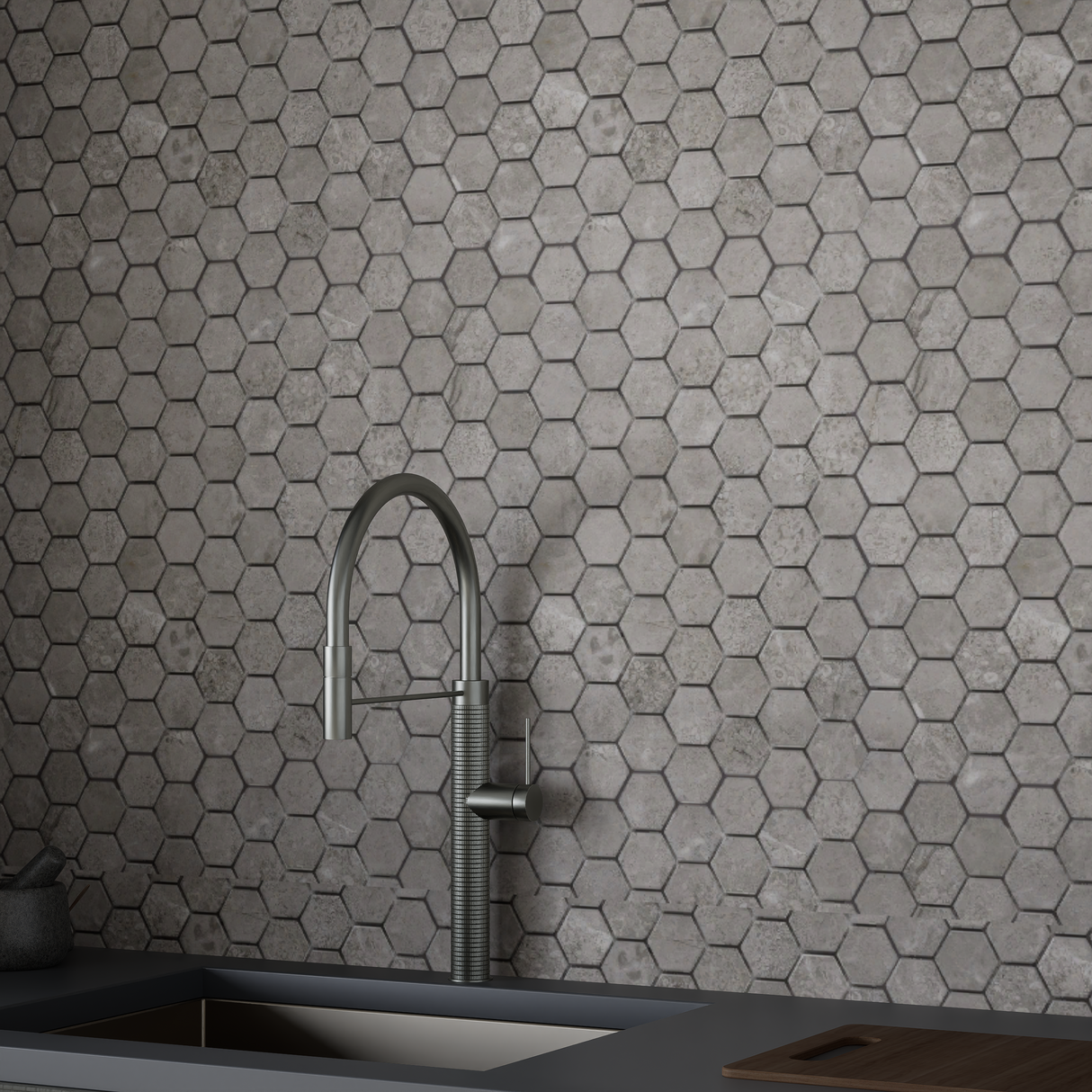 1.25 In Hexagon Ritz Gray Honed Marble Mosaic