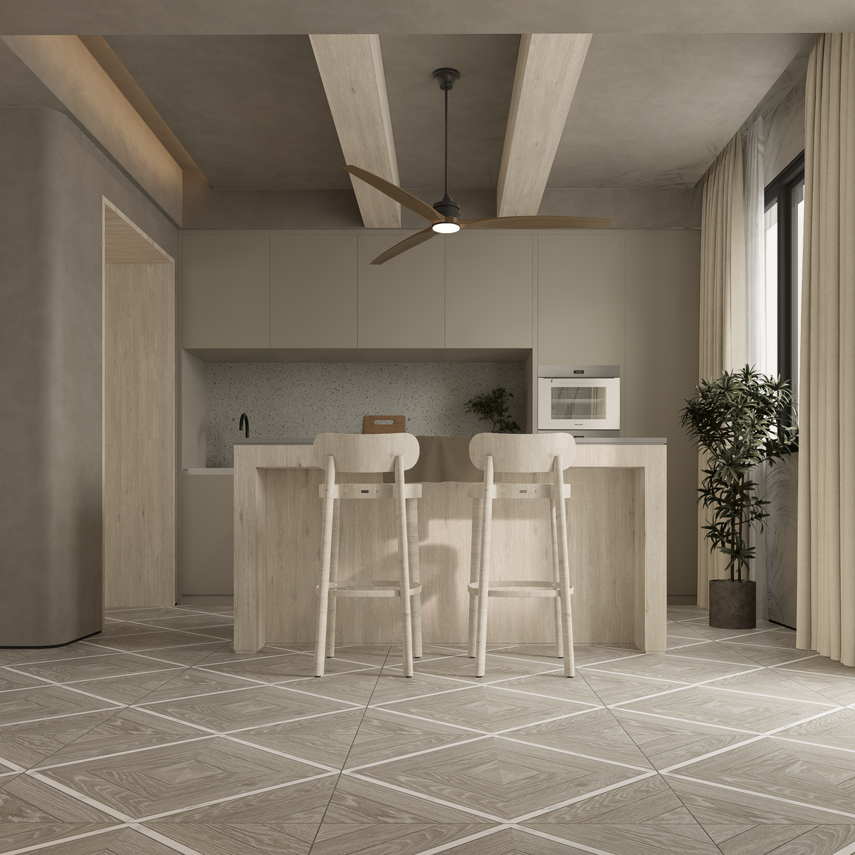 Aspen Beachcomber with Statuario Marquetry Matte Glazed Porcelain Mosaic