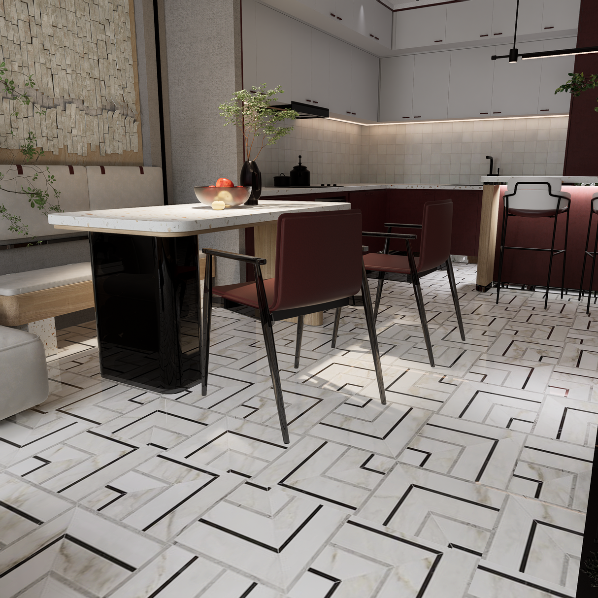 La Marca Picco Honed Glazed Porcelain Mosaic with Calacatta Polished Paonazzo