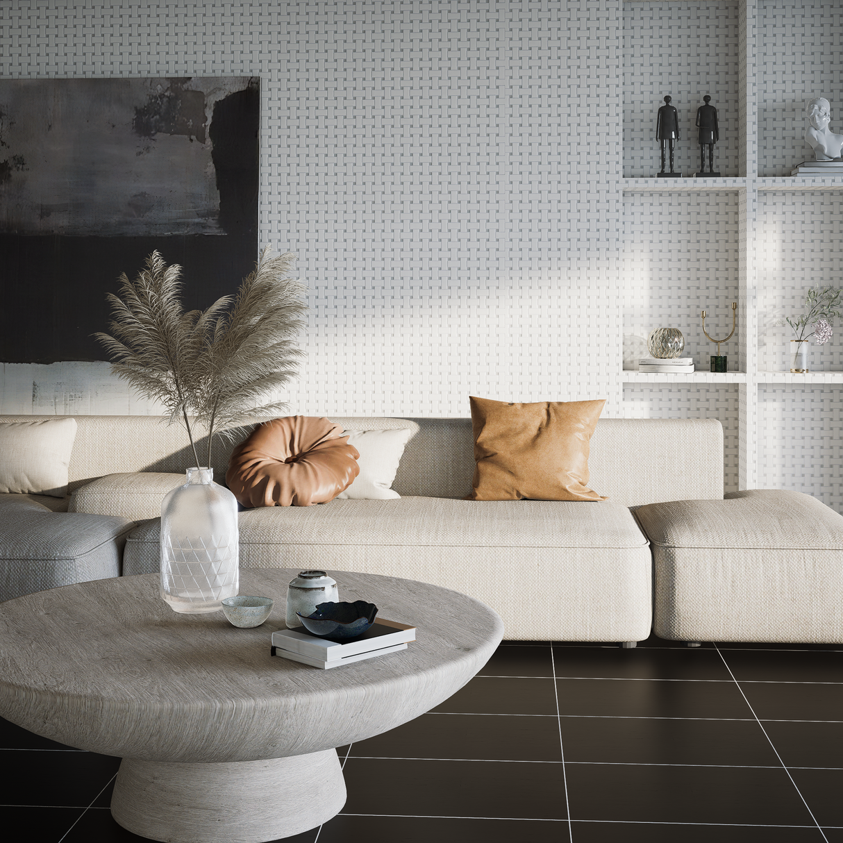 Soho Canvas White w/ Loft Grey Dot Matte Glazed Basketweave Mosaic Porcelain