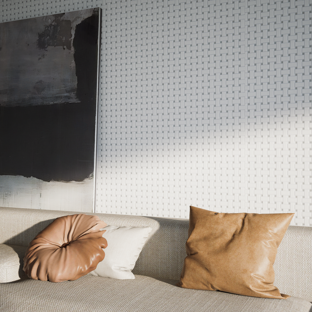 Soho Canvas White w/ Loft Grey Dot Matte Glazed Basketweave Mosaic Porcelain