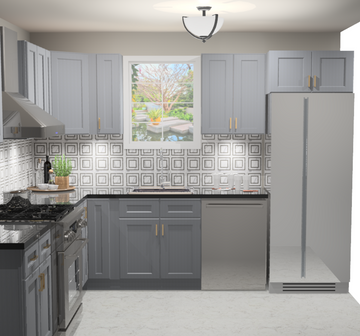 10x10 L-Shape Kitchen Layout Design - Elegant Dove Cabinets
