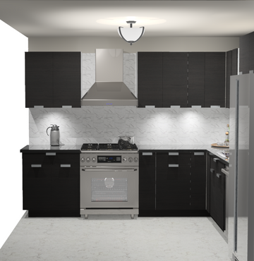 10x10 L-Shape Kitchen Layout Design - Dark Wood Cabinets